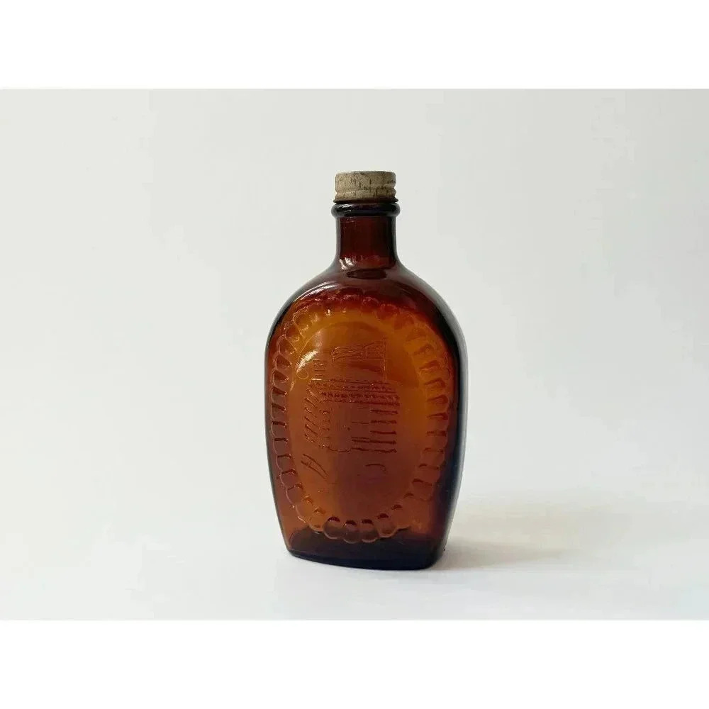 Vintage Dark Browl Glass Log Cabin Syrup Bicentennial Glass Container with Top